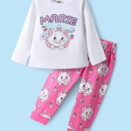 Babyhug Disney Single Jersey Knit Full Sleeves Night Suit with Marie Graphics - White & Pink-image-12