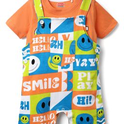 Babyhug Single Jersey Knit Half Sleeves T-Shirt & Dungaree With Text & Smiley Print - Orange-image-9