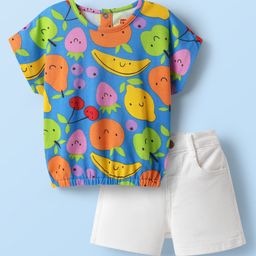 Babyhug Single Jersey Knit Half Sleeves Top & Shorts Set with Tropical Print - White & Blue-image-28