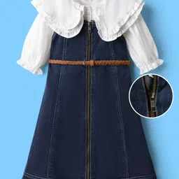 Hola Bonita Cotton Woven Half Sleeves Frock With Inner Tee & Belt - Blue & White-picture-23