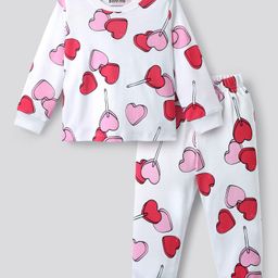 Bonfino 100% Cotton Knit Full Sleeves Co-Ord Night Suit With Heart Print - White-image-97