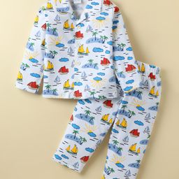 Ollypop Sinker Knit Full Sleeves Co-Ord Night Suit With Boat Print - Light Blue-image-66