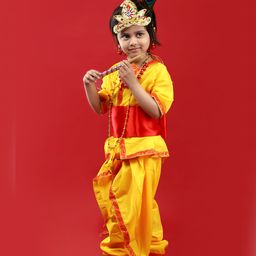 BookMyCostume Woven Janmashtami Theme Half Sleeves Lord Krishna Costume Set - Yellow & Red-image-2