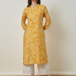 Soch Yellow Floral Printed Band Collar Straight Kurta-image-38