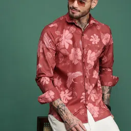Sangria Floral Printed Spread Collar Long Sleeve Shirt-image-20