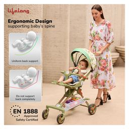 Lifelong 360° Rotation & Ergonomic Design Stroller with  Handle Adjustable Backrest - Green & White image 4