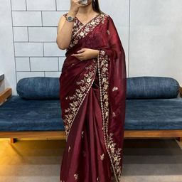 DAATAR Floral Sequinned Pure Chiffon Saree-image-6