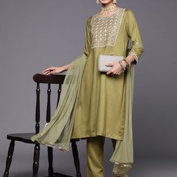 Biba Embroidered Yoke design Straight Kurta with Trousers & Net Dupatta image 5