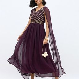 Styli Embellished V-Neck Cape Sleeves Fit And Flare Midi Dress-picture-7