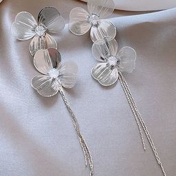 KRENOZ Silver Plated Artificial Stones Studded Triple Petal Floral Drop Earrings-55
