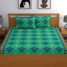 Home Ecstasy Teal & Yellow Ethnic Motifs Printed 144 TC King Bedsheet Set 2.74 m x 2.74 m-image-52
