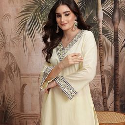 Sangria Ethnic Motifs Yoke Design Thread Work Detail A-Line Kurta with Trousers-picture-24
