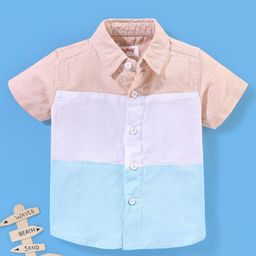 Babyhug 100% Cotton Half Sleeves Cute & Sew Patterned Solid Oxford Shirt - Peach White & Aqua-image-33