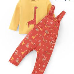 Babyoye 100% Cotton With Eco Jiva Finish Full Sleeves Tee & Dungaree Set Giraffe Print- Yellow & Red-image-55