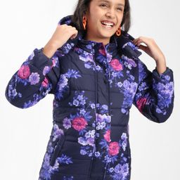 Pine Kids Full Sleeves Hooded Flower Printed Heavy Winter Jacket - Purple-image-33