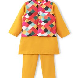 Babyhug Full Sleeves Solid Kurta Pyjama Set with Printed Jacket- Mustard-image-119
