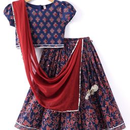 Babyhug 100% Cotton Woven Short Sleeves with Floral Print Lehenga Choli With Mirror Embroidery and Dupatta Set- Navy Blue-image-73