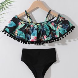 Kookie Kids Cold  Shoulder Sleeves Two Piece Swimsuit With Tropical Theme- Multicolor-image-47