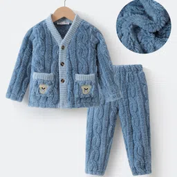 Kookie Kids Full Sleeves Front Open Winter Wear Night Suit With Animals Applique - Blue-picture-45