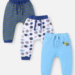 Babyhug Cotton Knit Full Length Diaper Leggings With Stripes & Space Theme Print Pack Of 3 - Navy White & Light Blue-image-78