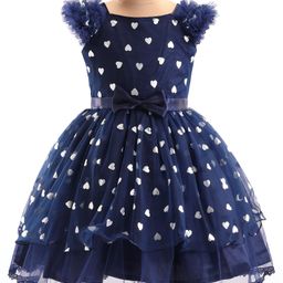 Pine Kids Woven Frill Sleeves Party Dress with Bow Applique Hearts Print - Navy Blue-picture-12