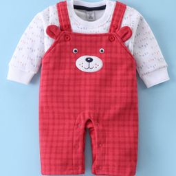 Be Baby Fleece Knit  Winter Wear Dungaree  with Full Sleeves T-Shirt Text & Bear Print - Red & White-image-27