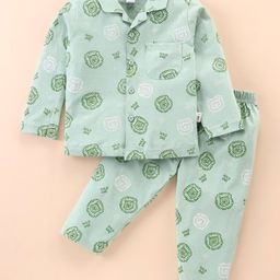 Teddy Sinker Knit Full Sleeves Front Open Night Suit With Animals Print - Light Green-image-69