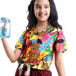 Pine Kids Viscose Woven Half Sleeves Top with Floral Print & Tie Knot Design - Multicolor-picture-14