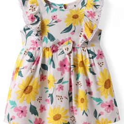 Babyhug Rayon Woven Frill Sleeves Anti Bacterial Frock with Floral Print - Peach & Yellow-image-87