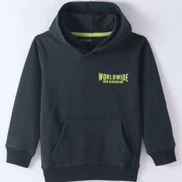 Doreme Terry Knitted Full Sleeves Pullover Hooded Sweatshirt With Text Print & Kangaroo Pockets - Navy Blue-image-97
