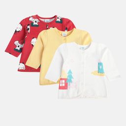 MINI KLUB Cotton Pack Of 3 Full Sleeves House & Baby Animals Printed Jhablas - White Red & Yellow-image-25