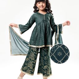 EARTHY TOUCH Single Jersey Full Sleeves Foil Printed Kurta & Salwar Set with Dupatta - Dark Green-image-39