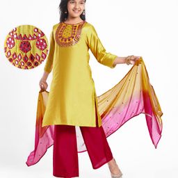 Pine Kids Woven Three Fourth Sleeves Kurta Salwar Set With Embroidery Detailing & Dupatta - Mustard-image-80