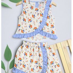 Bella Moda Cotton Sleeveless Floral Printed Top With Coordinating Shorts Set - Beige-image-15