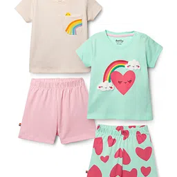 Bonfino 100% Cotton Knit Half Sleeves Heart & Rainbow Printed Shorts Night Suits Pack of 2 - Aqua Blue & Ivory-picture-11