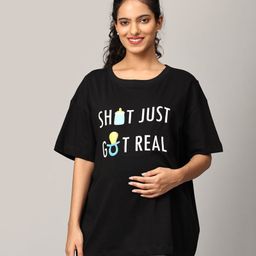 The Mom Store Half Sleeves Shit Just Got Real Text Printed Oversized Maternity Tee - Black-picture-45