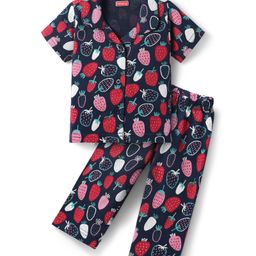 Babyhug Cotton Knit Half Sleeves Co-ords Front Open Night Suit with Strawberry Print - Navy Blue-image-4