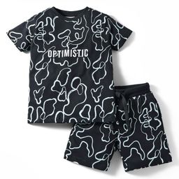 Lazy Bones Sinker Knit Half Sleeves Printed T-Shirt & Shorts Co-Ord Set - Black-image-99