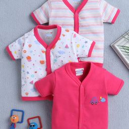 BUMZEE Cotton Knit Front Open Half Sleeves Tropical Theme Printed & Striped Jhablas Pack Of 3 - Dark Pink & White-image-10