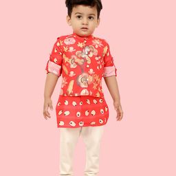 little desi Satin Full Sleeves Floral & Sheep Printed Kurta & Pyjama With Jacket - Red-15