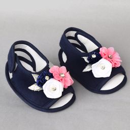 Daizy Floral Applique Detailed Stones Embellished Velcro Closure Sandals - Navy Blue-image-101