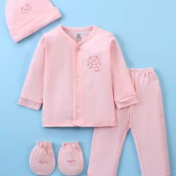 I Bears Interlock Knit Full Sleeves Night Suit With Cap Mittens & Bear Print - Pink-picture-4