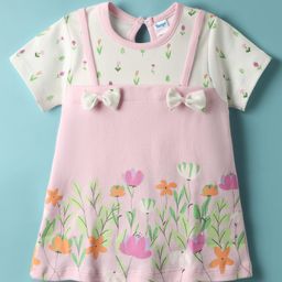 Tango Interlock Knit Half Sleeves Frock With Floral & Bow Applique - Pink-image-74