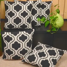 Saral Home White & Black 5 Pieces Geometric Cotton Square Cushion Covers-image-26