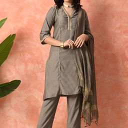 Sangria V-Neck Three-Quarter Sleeves KurtaWith Trousers & Dupat-image-85