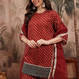 Sangria Ethnic Motifs Printed Mirror Work Kurti With Sharara & Dupatta-picture-12