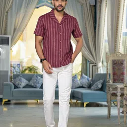 AKS Men Spread Collar Vertical Stripes Striped Cotton Casual Shirt-image-19