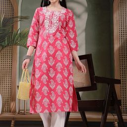 Sangria Paisley Printed Thread Work Notch Neck Pure Cotton Straight Kurta-47