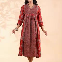Vbuyz Ethnic Motifs Printed Cotton A-Line Midi Dress-image-29