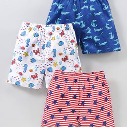 Babyhug Woven Boxers Multi Print Pack of 3 - Blue Red White-image-65